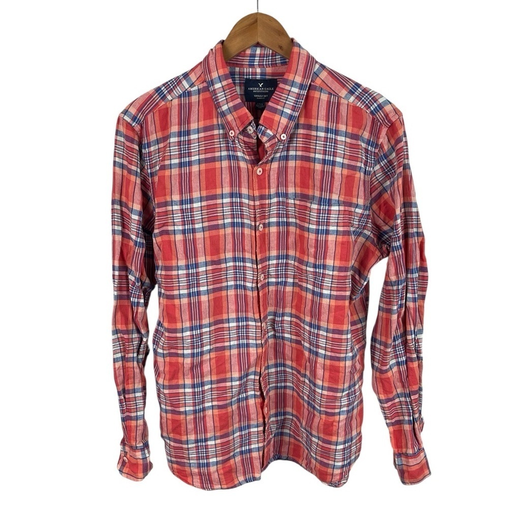 BF1496 Men’s American Eagle Seriously Soft Classic Fit Plaid LINEN Shirt L